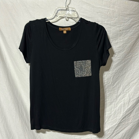 Ellen Tracy M black short sleeve t silver sequined front pocket rayon spandex - Picture 1 of 7